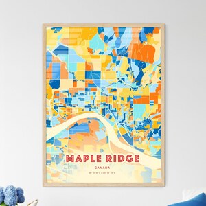 Mapa artístico de colores costeros de Maple Ridge, Canadá. Mapa de la ciudad de Maple Ridge, Canadá. Impresión de póster personalizable, enmarcada o en dibond de aluminio.