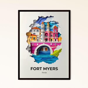 Vivid Fort Myers, Florida - un ritaglio di carta di una città con un ponte - Stampa Fine Art, personalizzabile