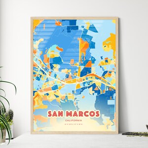 Colorful SAN MARCOS CALIFORNIA Blue Orange Fine Art Print, San Marcos Usa Two-toned Creative Hometown City Poster, a perfect gift.