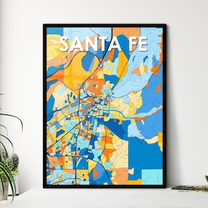 Impression d'art de la carte de Santa Fe - Décoration murale colorée vibrante, cadeau unique pour une décoration d'intérieur | Personnalisation