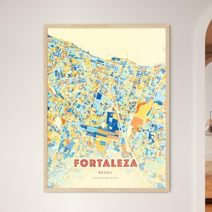 Impressão artística colorida de Fortaleza, Brasil, azul e laranja, mapa da cidade de Fortaleza, Brasil - impressão de pôster personalizável ou download digital