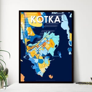 Carte artistique colorée finlandaise de Kotka - Poster imprimé, cadeau décoration d'intérieur unique | Style intérieur vibrant