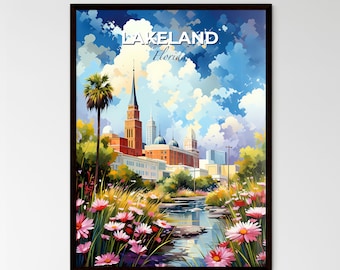 Lakeland, Florida, A Poster of a painting of a city with a river and flowers. Customisable travel art print, a memorable gift.