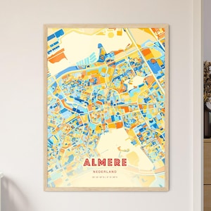 Carte artistique d'Almere Pays-Bas couleurs côtières, carte de la ville d'Almere Nederland - impression poster personnalisable ou téléchargement numérique