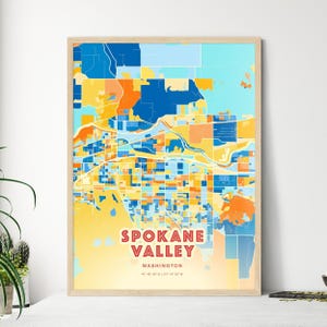 Spokane Valley Washington kustkleuren kunstkaart, Spokane Valley Usa tweekleurige creatieve woonplaats stad poster, ook als digitale download