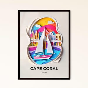 Vivid Cape Coral, Florida - un ritaglio di carta raffigurante una barca in acqua - Stampa Fine Art, personalizzabile