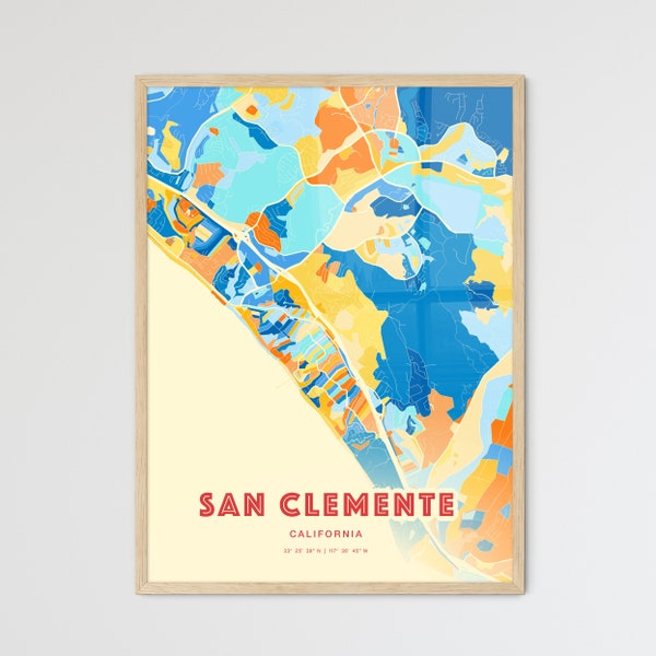 Colorful SAN CLEMENTE CALIFORNIA Blue Orange Fine Art Print, San Clemente Usa Two-toned Creative Hometown City Poster, a perfect gift.