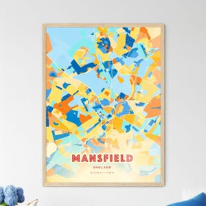 Carte artistique couleurs côtières de Mansfield en Angleterre, carte de la ville de Mansfield en Angleterre - affiche personnalisable ou téléchargement numérique