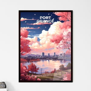 Port Orange, Florida, alberi rosa con fiori rosa e una città – Collezione Travel Skylines / Personalizzabile