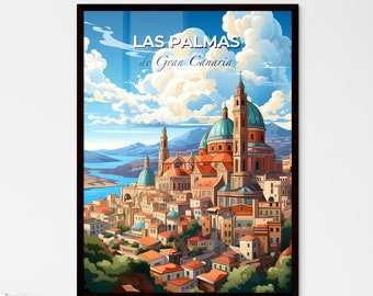 Las Palmas, de Gran Canaria, A Poster of a city with a large building and mountains in the background