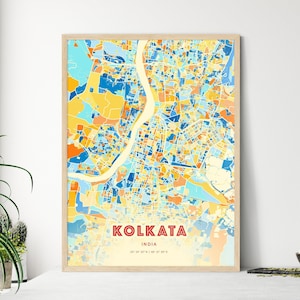 Mapa artístico de colores costeros de Calcuta, India. Mapa de la ciudad de Calcuta, India: póster personalizable, impresión o descarga digital.