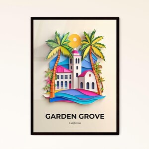 Vivid Garden Grove, Kalifornien - Scherenschnitt einer Kirche unter Palmen – Fine Art Print, personalisierbar