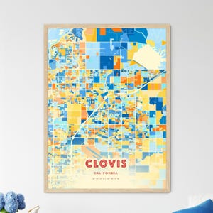 Carte artistique de couleurs côtières de Californie de Clovis, affiche de ville natale créative bicolore de Clovis Usa, également en téléchargement numérique