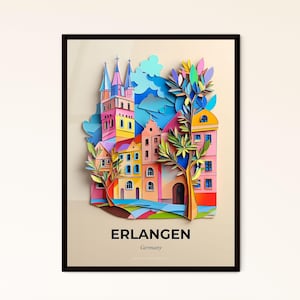 Das lebendige Erlangen – Scherenschnitt einer bunten Stadt mit Bäumen – Fine Art Print, personalisierbar