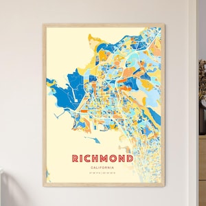 Carte artistique de couleurs côtières de Californie de Richmond, affiche créative bicolore de ville natale de Richmond Usa, également en téléchargement numérique