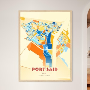 Mapa de arte com cores costeiras de Port Said, Egito, mapa da cidade de Port Said, Egito - pôster personalizável, impressão ou download digital