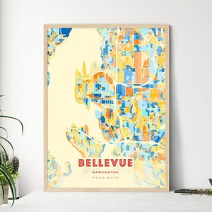 Bellevue Washington Küstenfarben Kunst Karte, Bellevue Usa Stadt Karte, individueller Posterdruck, gerahmt oder Aluminium-Dibond
