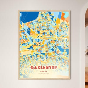 Carte artistique des couleurs côtières de Gaziantep en Turquie, carte de la ville de Gaziantep en Turquie - affiche personnalisable ou téléchargement numérique