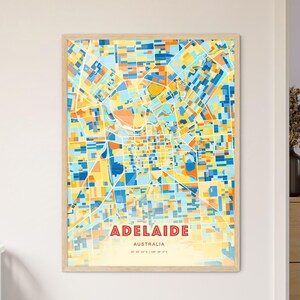 Impression artistique colorée Adélaïde Australie bleu orange, carte de la ville d'Adélaïde Australie - impression poster personnalisable ou téléchargement numérique