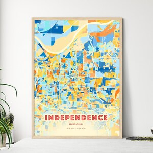 Mapa artístico de colores costeros de Independence, Misuri. Póster creativo de dos tonos de la ciudad natal de Independence, EE. UU., también disponible como descarga digital.
