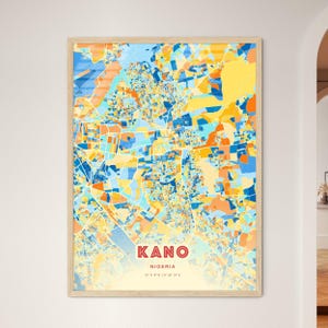 Mapa de arte com cores costeiras de Kano, Nigéria, mapa da cidade de Kano, Nigéria - pôster personalizável, impressão ou download digital