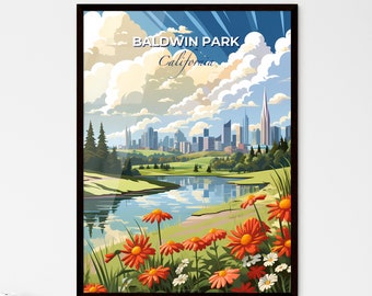 Baldwin Park, California, A Poster of a river with flowers and trees in front of a city. Customisable travel art print, a memorable gift.