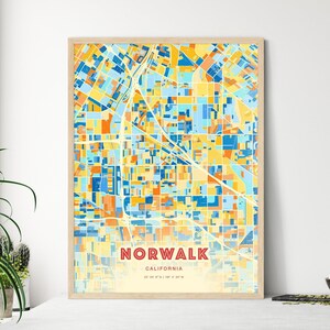 Carte artistique de couleurs côtières de Californie de Norwalk, affiche créative bicolore de ville natale de Norwalk Usa, également en téléchargement numérique