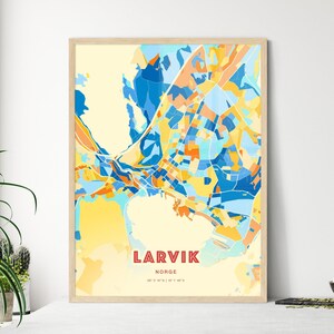 Carte artistique de Larvik Norvège couleurs côtières, carte de la ville de Larvik Norge - impression poster personnalisable ou téléchargement numérique