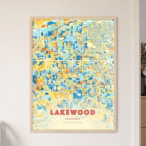Colorful Lakewood Colorado Blue Orange Fine Art Print, Lakewood Usa City Map - Customizable Poster Print, Personalized Gift