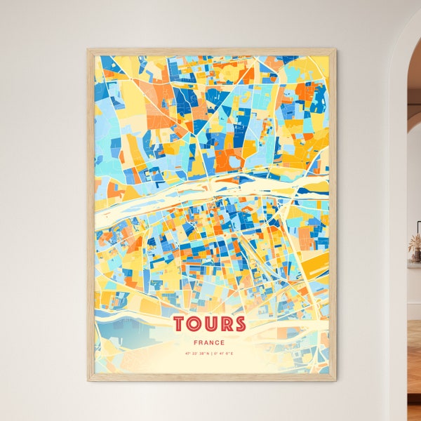 Farbenfroher Stadtplan von TOURS FRANCE in Blau und Orange als Kunstdruck von Tours France, ein perfektes Geschenk.