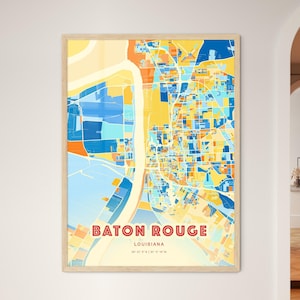Mapa de arte com cores costeiras de Baton Rouge, Louisiana, mapa da cidade de Baton Rouge, EUA - pôster personalizável, impressão ou download digital