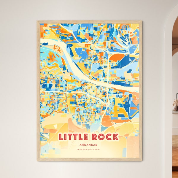 Colorful LITTLE ROCK ARKANSAS Blue Orange Fine Art Print, Little Rock Usa City Map, a perfect gift.