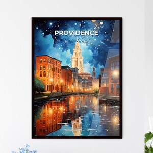 Providence, Rhode Island, uno specchio d'acqua con edifici e una torre – Collezione Travel Skylines / Personalizzabile