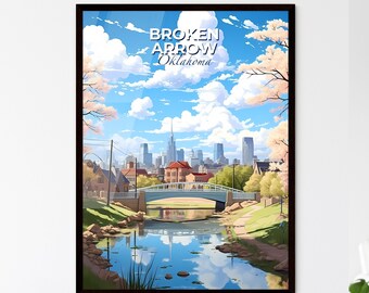 Broken Arrow, Oklahoma, A Poster of a bridge over a river with trees and a city in the background