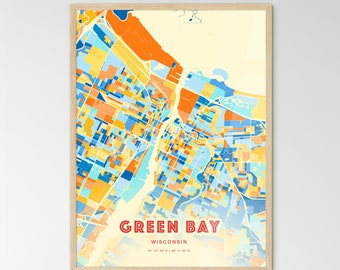 Bunt GREEN BAY WISCONSIN Blau Orange Fine Art Print, Green Bay USA Zweifarbiges Kreatives Hometown City Poster, ein perfektes Geschenk.