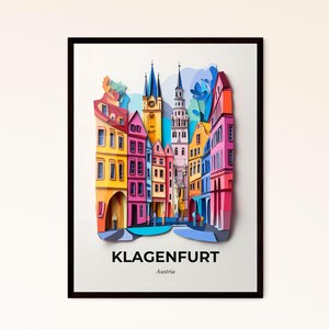 Lebendiges Klatenfurt, Österreich - Scherenschnitt Stadt mit Glockenturm – Fine Art Print, individualisierbar