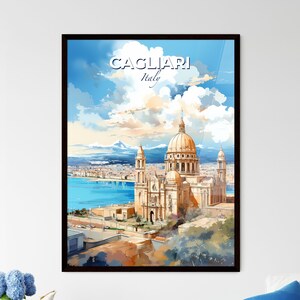 A Poster Of Cagliari Italy Skyline - A Large Building With A Dome And A Body Of Water  - Customizable Travel Gift, Travel Art