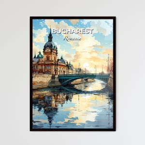 Bucarest, Rumania, un puente sobre un río con un edificio y un puente – Travel Skylines Collection / Personalizable
