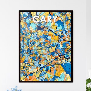 Poster carte artistique de Cary en Caroline du Nord - Décoration murale personnalisée vibrante | Cadeau unique pour la maison, le bureau ou des occasions spéciales !