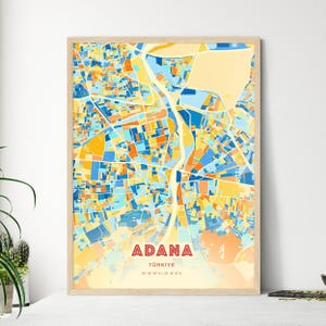 Carte artistique des couleurs côtières d'Adana Turquie, carte de la ville d'Adana Turquie - impression poster personnalisable ou téléchargement numérique