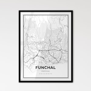 Funchal Portugal - Plan de la ville de style scandinave pour une décoration intérieure moderne - Poster en noir et blanc