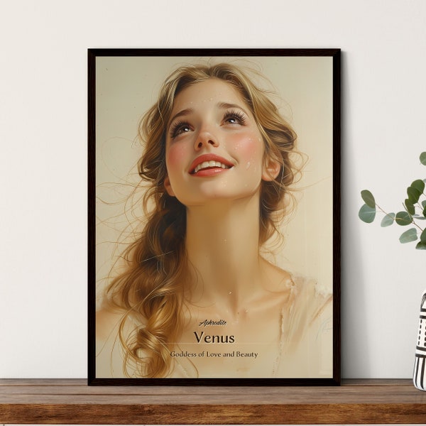 Aphrodite, Venus, Goddess of Love and Beauty, A Poster of a woman looking up to the sky - People Who Made History | AI Art High-Res Print