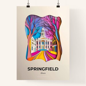 Lebendiges Springfield, Illinois - Scherenschnitt eines Gebäudes mit Glockenturm – Fine Art Print, individualisierbar
