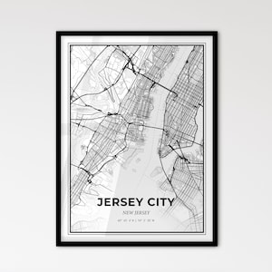 Jersey City New Jersey - Plan de la ville de style scandinave pour une décoration intérieure moderne - Poster en noir et blanc
