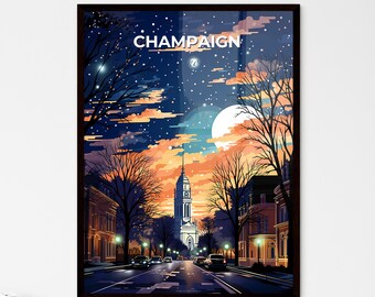 Champaign, Illinois, A Poster of a street with cars and a large moon in the sky. Customisable travel art print, a memorable gift.