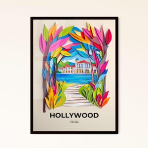 Vivid Hollywood, Florida - un ritaglio di carta raffigurante un edificio e alberi - Stampa Fine Art, personalizzabile