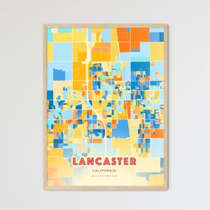 Colorful LANCASTER CALIFORNIA Blue Orange Fine Art Print, Lancaster Usa City Map, a perfect gift.