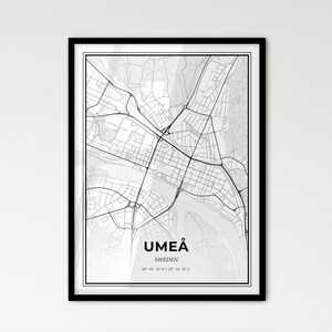 Umeå Schweden - Stadtplan im Skandinavischen Stil für modernes Wohndekor - Schwarz-Weiß-Poster