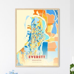 Mapa artístico de colores costeros de Everett, Washington. Póster creativo de ciudad natal de Everett, EE. UU., en dos tonos. También disponible como descarga digital.
