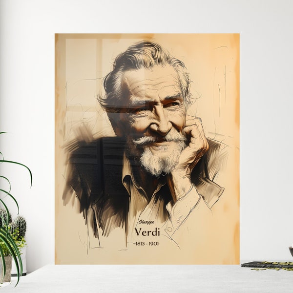 Giuseppe, Verdi, 1813 - 1901, A Poster of a drawing of a man with a beard - People Who Made History | AI Art High-Res Print